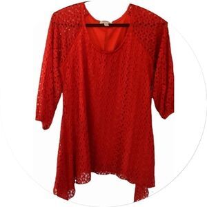 DRESS BARN Red Crochet, Asymmetrical, 3/4 Sleeve Top  Large
